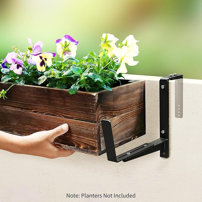 Window Box Brackets, Adjustable Planter Box Brackets, Heavy Duty Iron Flower Box Brackets for Railings, with Enhanced Bottom Support - Perfect for Balconies, Fences, and Gardens (Black, 4 Pack)