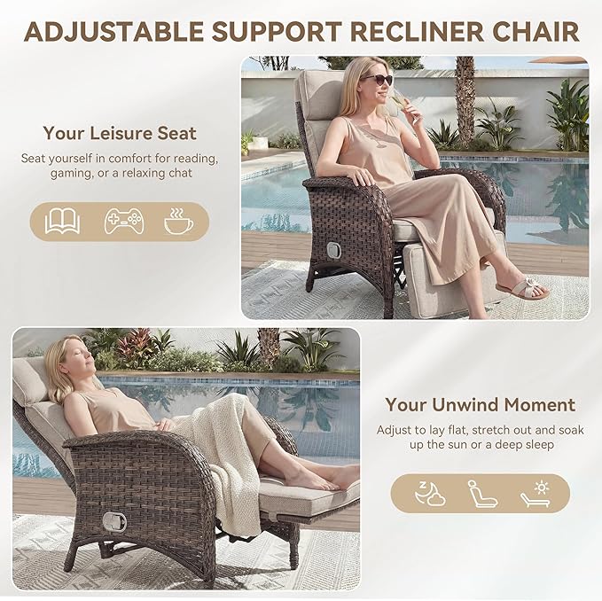 Zero Gravity Wicker Patio Recliner Chairs Set of 2 - Wicker Outdoor Lounge Chair with Adjustable Backrest & Footrest, All Weather Outdoor Reclining Chairs with Thick Cushion for Pool Deck Beige