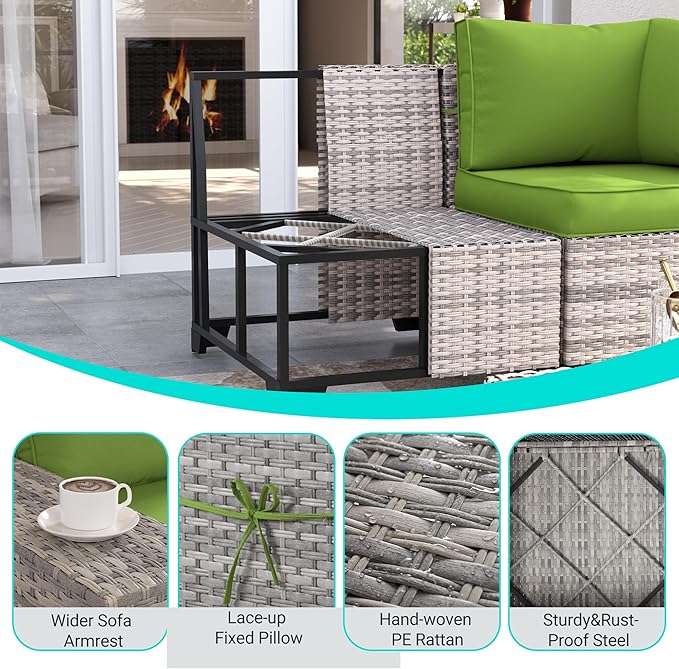 15-Piece Outdoor Patio Furniture Set with Rocking Swivel Chair Wicker Sectional Sofa Set, Patio Conversation Set with Thickened Cushions & Coffee Table for Garden, Backyard, Avocado Green