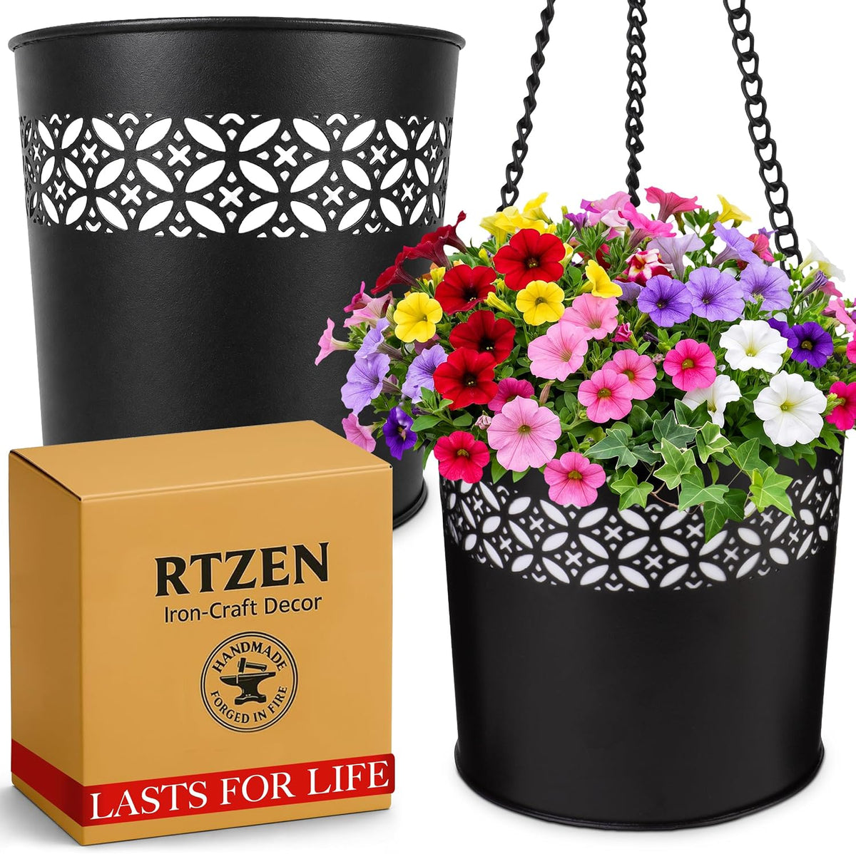 rtzen 2-pack garden planter pots with chain hangers, main product view