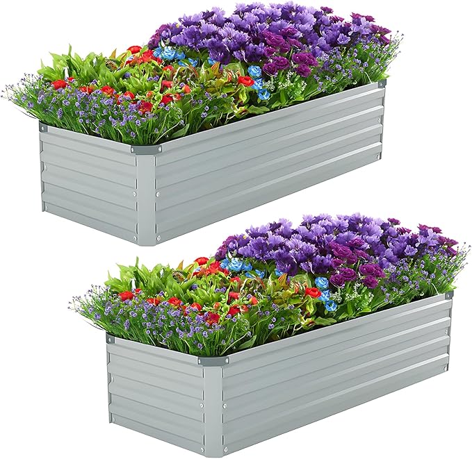 2 Pack 4x2x1FT Galvanized Raised Garden Bed Kit, Outdoor Metal Planter Box for Vegetables, Bottomless Rectangular Gardening Bed with Support Rods, Tool-Free Assembly, Gray