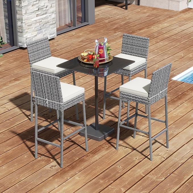 HAPPYGRILL Patio Wicker Barstools Set of 4, Outdoor Bar Height Chair w/Soft Seat Cushion & Cozy Footrest, Heavy-Duty Metal Frame, 400 lbs Max Load, Rattan Armless Bar Chairs