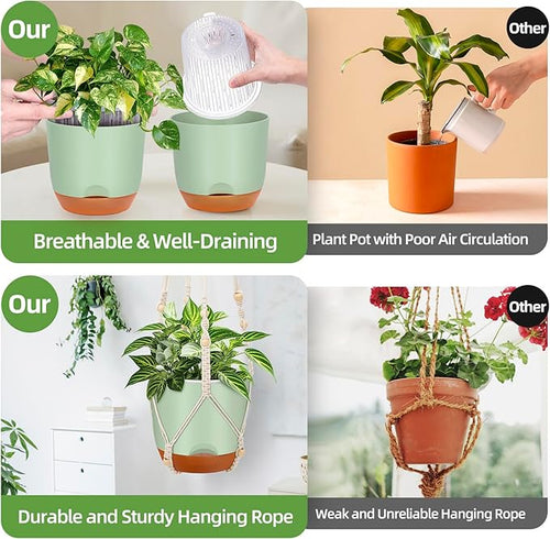 2-Pack 7.2-Inch Self-Watering Hanging Planters for Indoor & Outdoor Plants,34-Inch macrame hanger plant pots indoor with drainage,Small Hanging Planters & Baskets in Green,With two sets of hooks