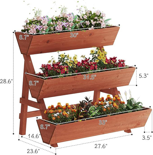 3-Tiers Wooden Raised Garden Bed,Wood Planter Box for Vegetable,Flower Rack,Flower Pot Stands,Indoor Outdoor Gardening Planting Beds (Brick red, Large)