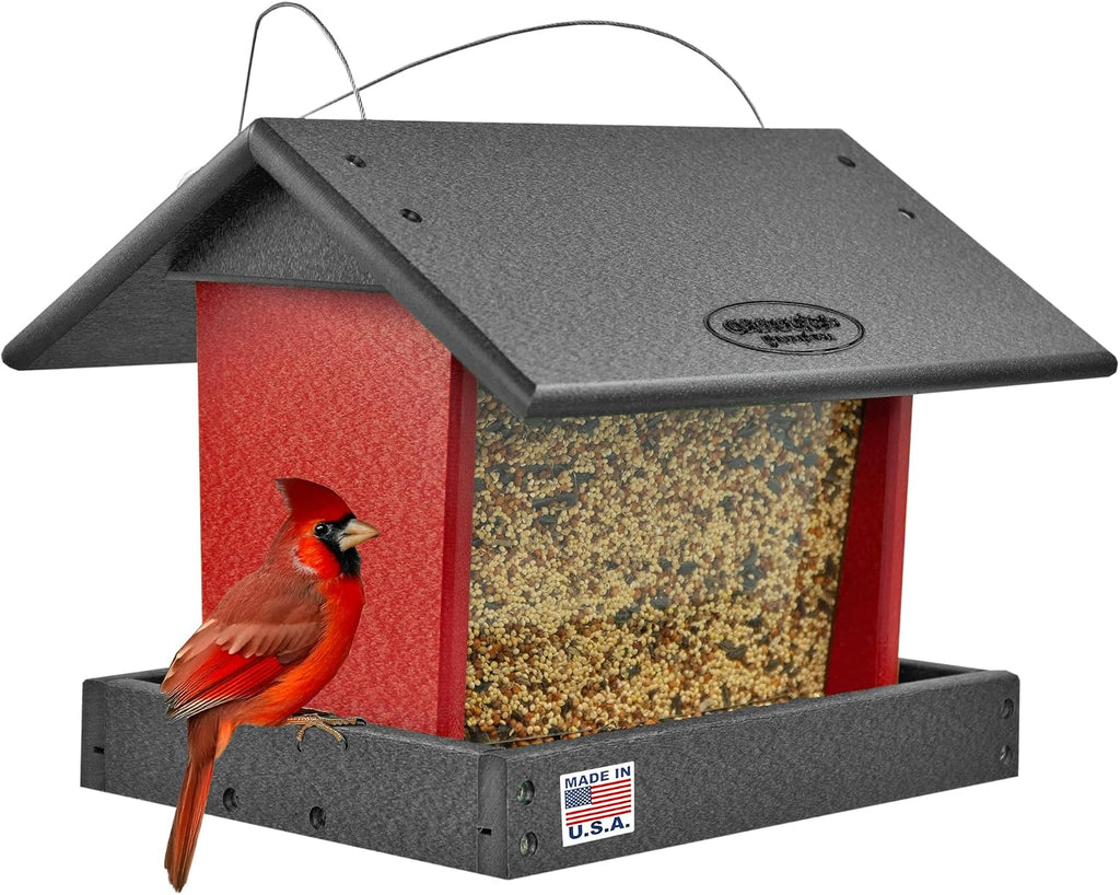 Poly Hanging Hopper Bird Feeder, Large Bird Feeder for Outside, Outdoors - Amish American Made (Hanging, Black & Red)