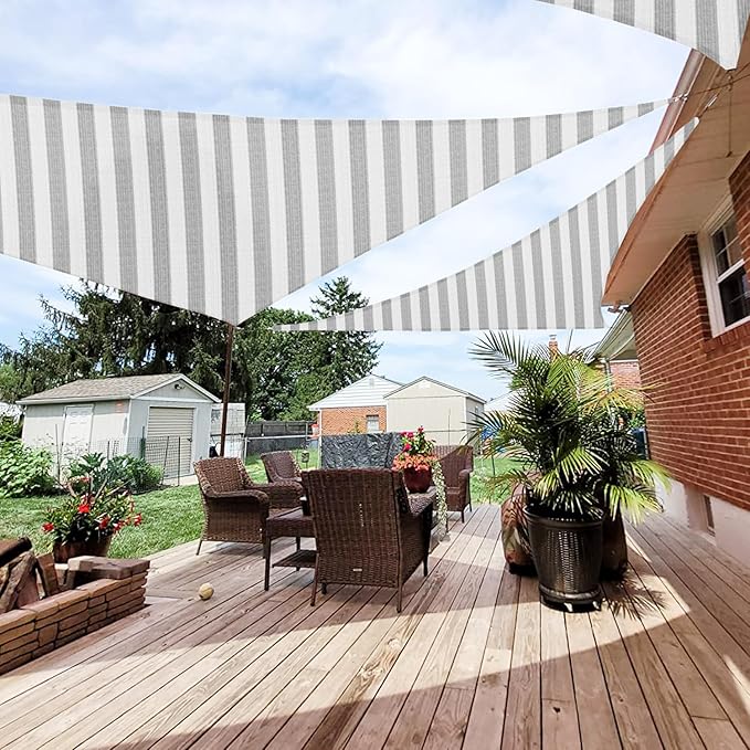 Patio Paradise 3' x 3' x 3' Sun Shade Sail Triangle Canopy Shade Cloth Fabric Sunlight Block Patio Pergola Cover HDPE Deck Awning for Outdoor Backyard Roof Shading, Gray White Strip