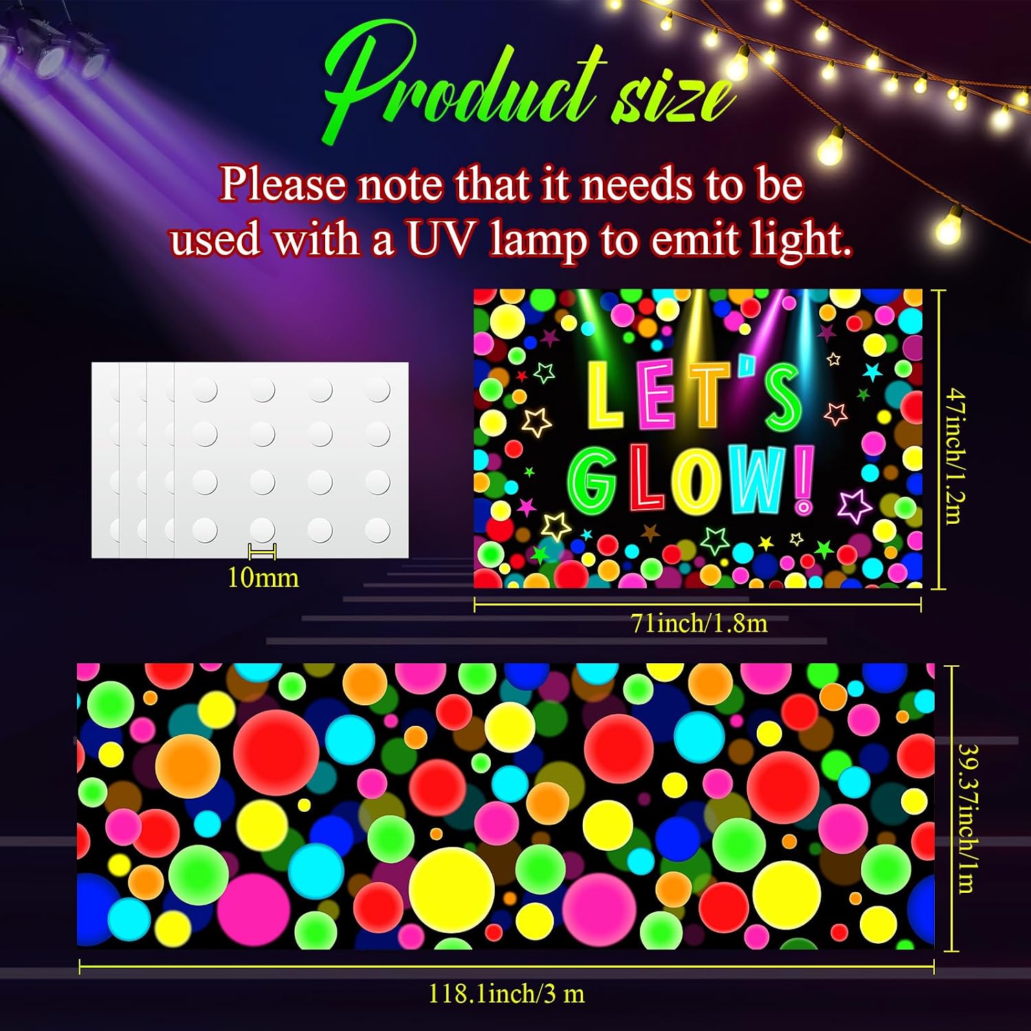HunnmingRe 2 Pcs Glow in the Dark Party Backdrop Dance Floor Rug, Dot | Neon Backdrop 3.9x5.9ft, 39x118in Light up Floor Mat, Photo Booth Background for Bar Disco Birthday 70s 80s Glow Party