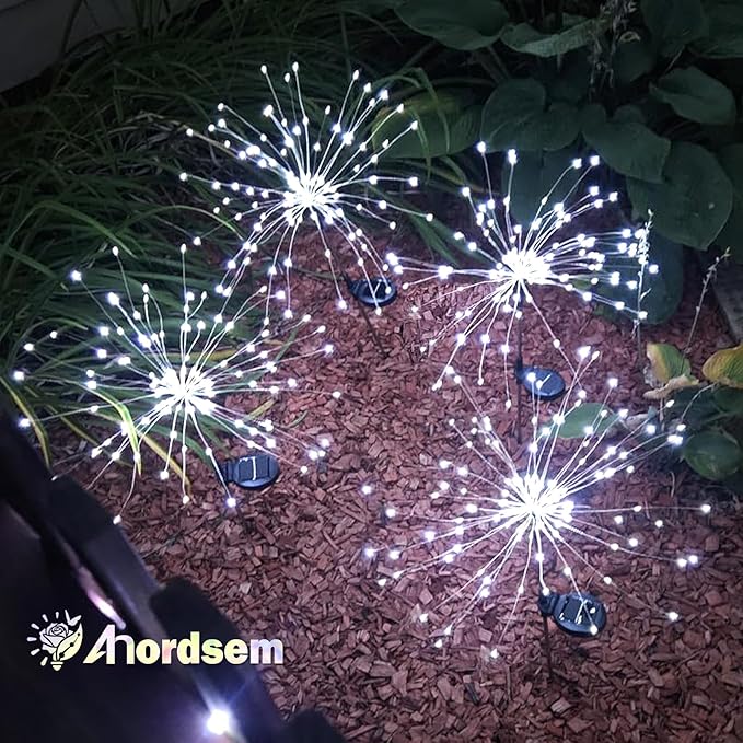 Anordsem Solar Garden Lights Outdoor: Bendable Copper Wire with 120 LED Firework Beads - Waterproof 2 White Lighting Modes for Yard Patio Path - Gardening Gifts for Homeowner Gardener