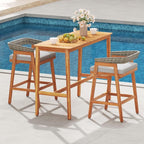 Tangkula 3 Piece Patio Bar Set, Outdoor Acacia Wood Counter Height Table with 2 Cushioned Barstools with Curved Rattan Back and Footrest, for Backyard, Poolside, Balcony