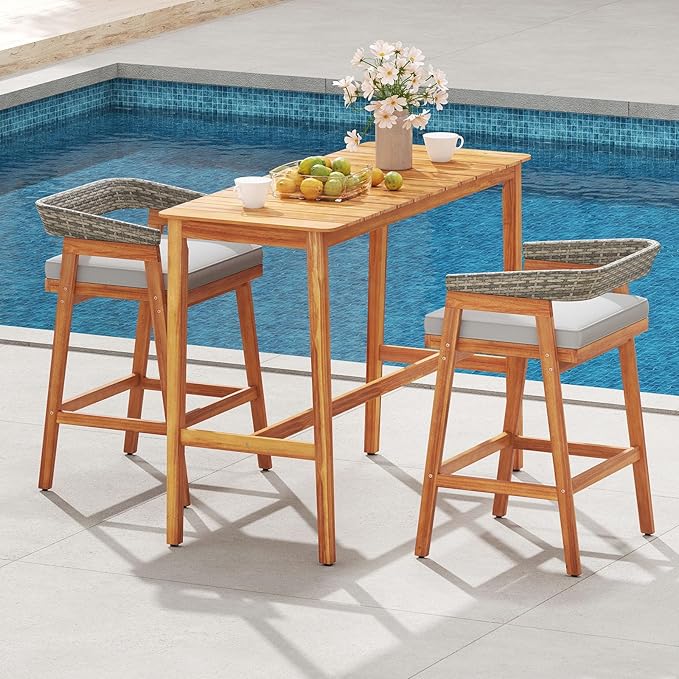 Tangkula 5 Piece Patio Bar Set, Outdoor Acacia Wood Counter Height Table with 4 Cushioned Barstools with Curved Rattan Back and Footrest, for Backyard, Poolside, Balcony