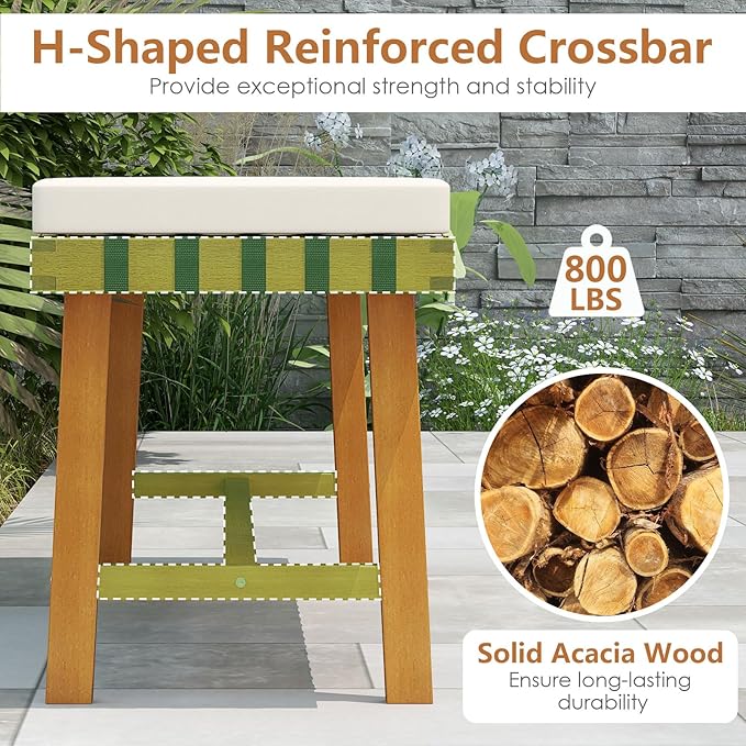 Tangkula 3 Piece Patio Dining Set for 4 People, 63” Outdoor Acacia Wood Rectangular Table with 1.97” Umbrealla Hole & 2 Cushioned Bench, for Deck Yard and Poolside