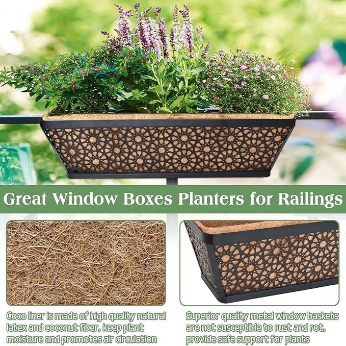 Halatool 24 Inch Window Box with Coco Liner, 4 Pack Sturdy Metal Flower Railing Planter with Coco Coir Basket Liners for Window Deck Fence Porch Balcony and Patio Outdoor Indoor Lawn