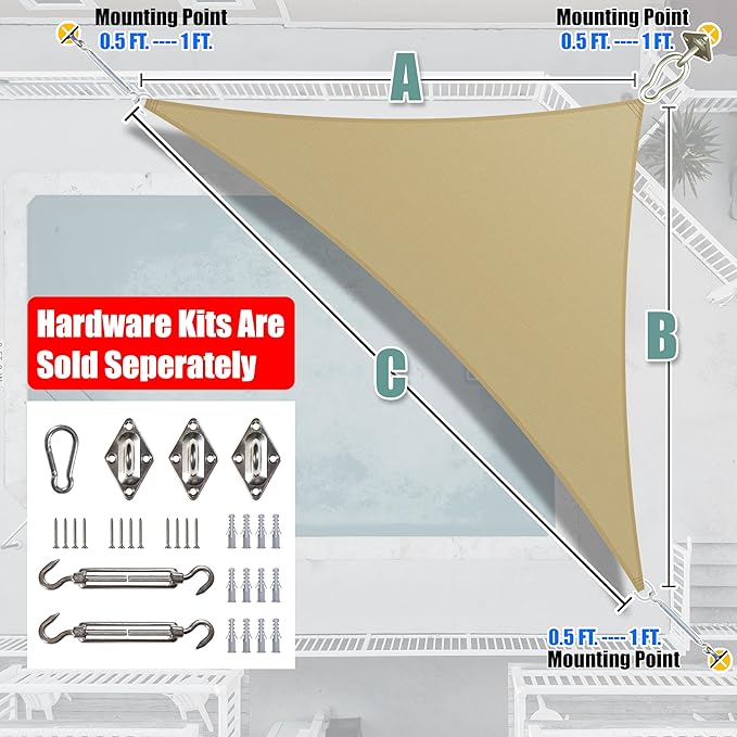 Amgo 12' x 12' x 17' Beige Right Triangle Sun Shade Sail UPF50+ Canopy Awning AGSLT, 95% UV Blockage, Water & Air Permeable, 200GSM Heavy Duty Commercial and Residential (We Make Custom Sizes)