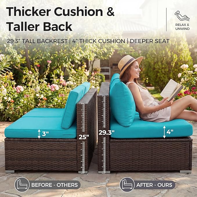 NICESOUL 8 Piece Outside Furniture Set, 29.3'' High Back Deep Seating Wicker Patio Modular Sectionals, Oversized Modern Comfy Conversation Sets for Backyard, Brown Rattan and Teal Cushion