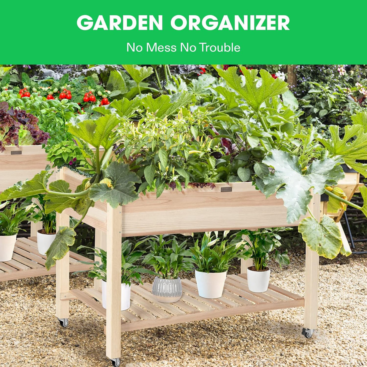 vivosun raised garden bed with legs & wheels shown in use