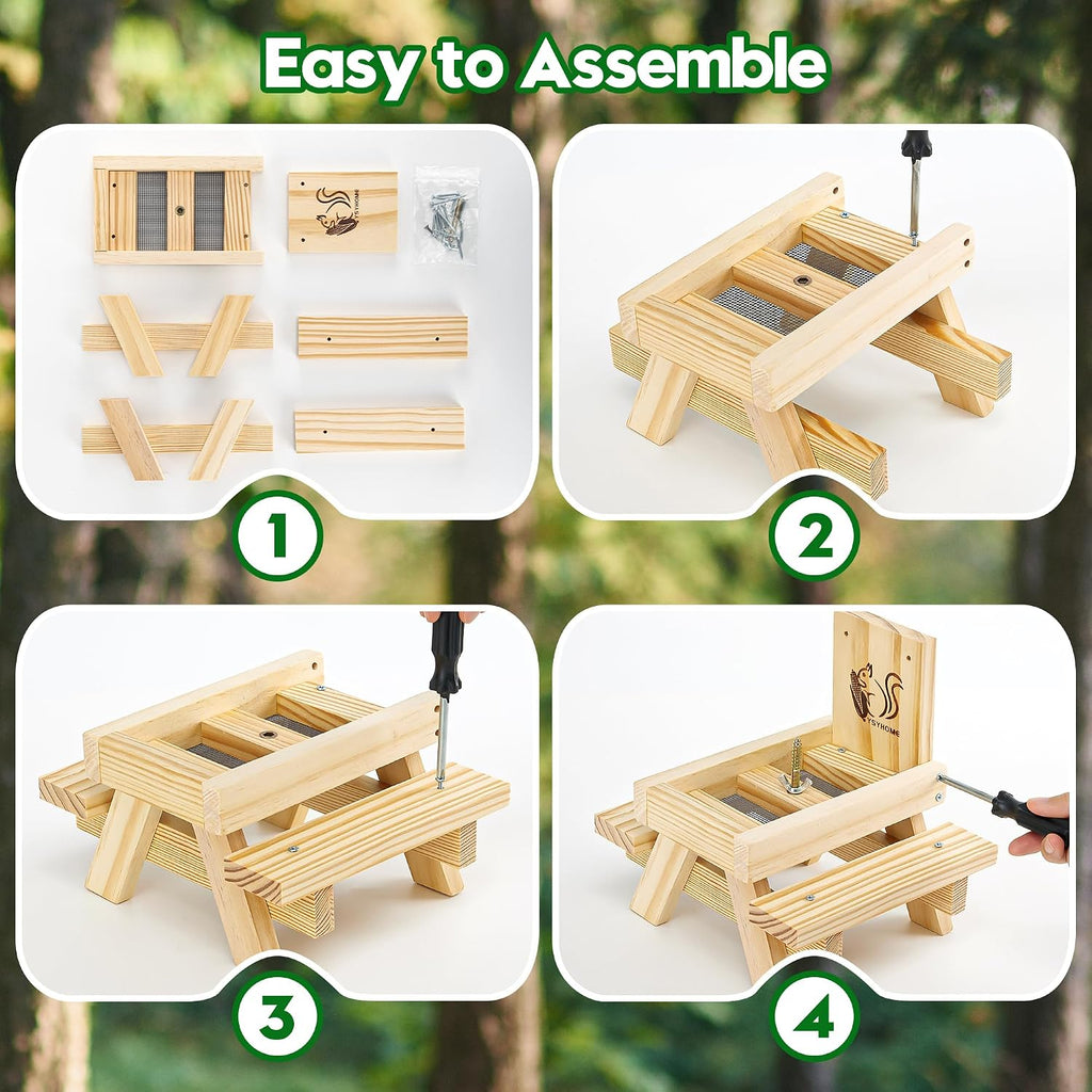 Squirrel Feeder for Outside and Garden, Funny Squirrel Picnic Table Feeder with Corn Cobs Holder and Peanut Tray, Quick Assembly Required