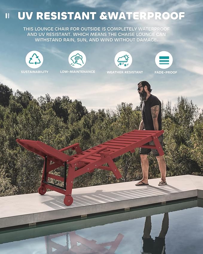 SERWALL Patio Chaise Lounge Chair Set of 2, 78'' Long 5-Positions Adjustable HDPE Outdoor Lounger for Pool, Poly Lounge Chair with Rolling Wheels & Cup Holder for Poolside, Deck, Dark Red