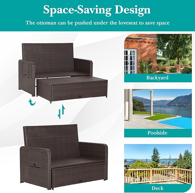 LDAILY Moccha Outdoor Daybed, Wicker Loveseat Sofa Set with 4-Postion Adjustable Backrest, Storage Ottoman, Cushions, Rattan Double Bed Lounger, Patio Furniture Set (Turquoise)