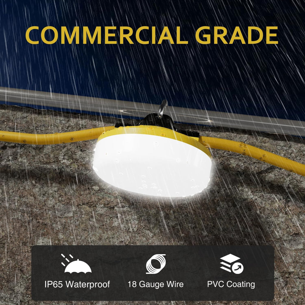 LED Construction String Lights 100FT, 10000 LM, 5000K Daylight LED String Work Lights, 100W Temporary Lighting for Job Site Outdoor Indoor, IP65 Waterproof Temporary Construction Lights, ETL Listed
