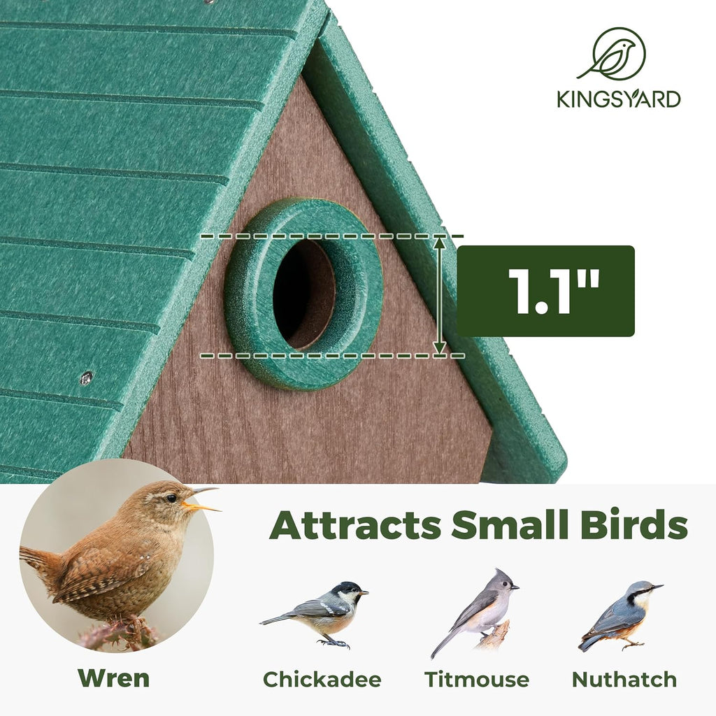 Kingsyard Recycled Plastic Bird House for Outdoors - Hanging Nesting Box with Predator Guard & Air Vents for Wren Finch Chickadee, Green
