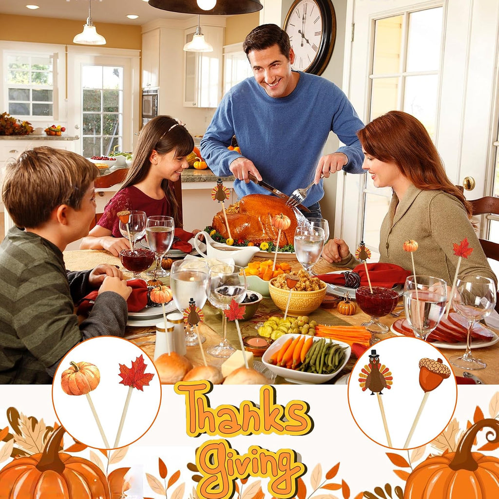100pcs Fall Thanksgiving Cocktail Picks Pumpkins Maple Leaves Decorative Toothpicks for Appetizers Autumn 4.7 IN Bamboo Skewers Sticks for Fall Decorations Party Supplies(Turkey)