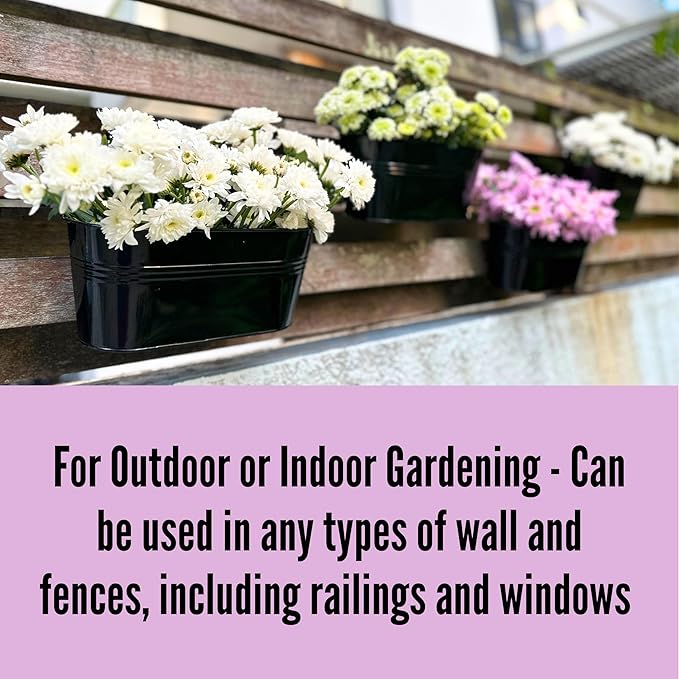 LaLaGreen Rail Planter Outdoor Plants(11.8 Inch, 15 Pack) Black Metal Iron Hanging Flower Pots Deck Railings Fence Buckets Modern Countryside Boho Style Wall Mount Window Box Plant Holder Porch Decor