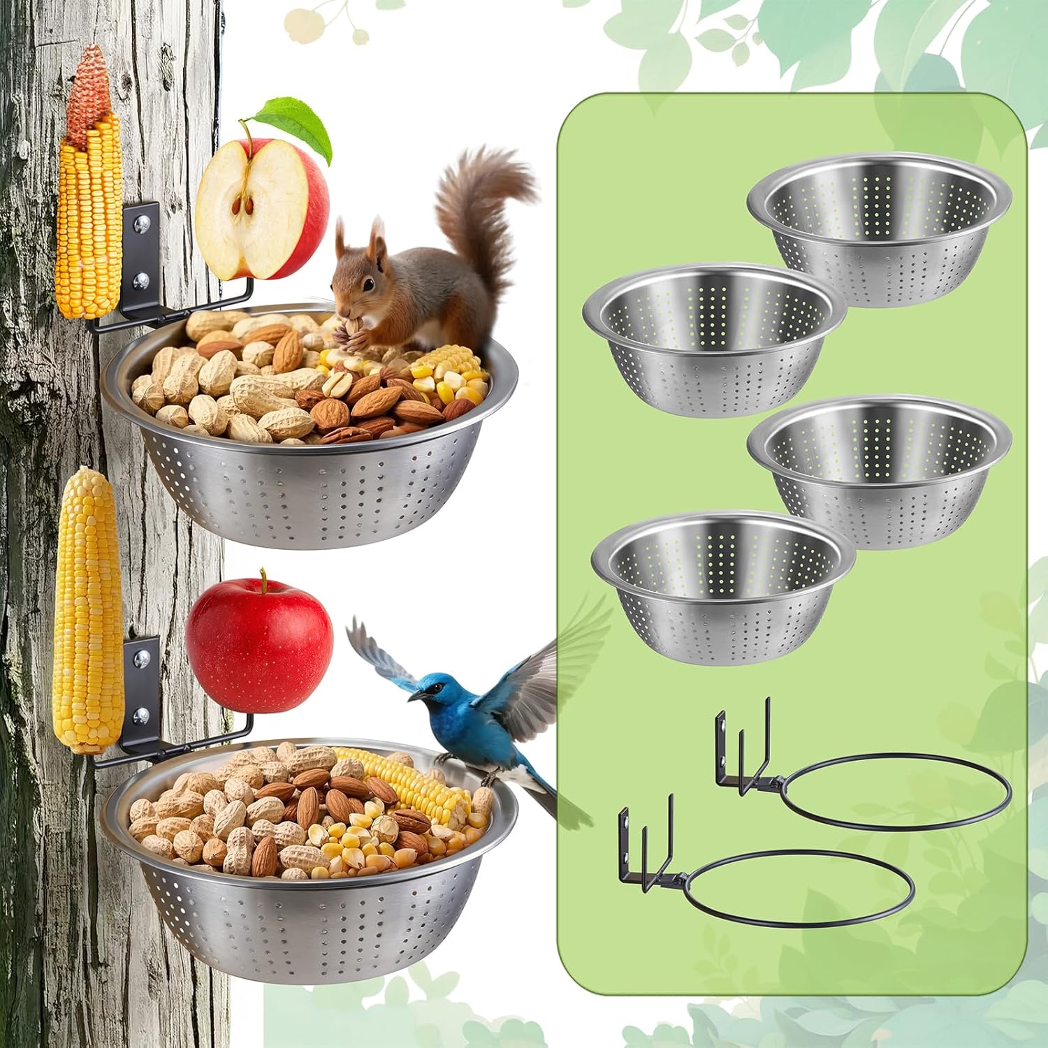 2 Pack Squirrel Feeders, 4 Colander Bowls (Each 8.5"/1.4L) for Replacement, Dual Corn Cob Spikes for Multi-Food, Metal Squirrel Feeders for Outside Tree Fence, Removable Bowl Easy Clean/Refill