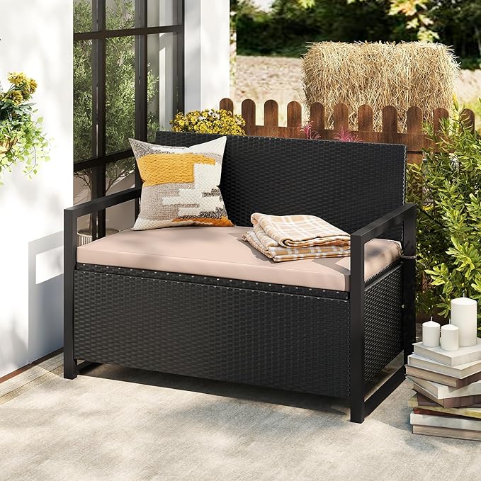 Tangkula 40 Gallon Outdoor Bench with Storage, Patio Wicker Storage Bench with Cushion, Cover, Metal Frame, Deck Box Seat for Backyard, Poolside, Balcony, Garden