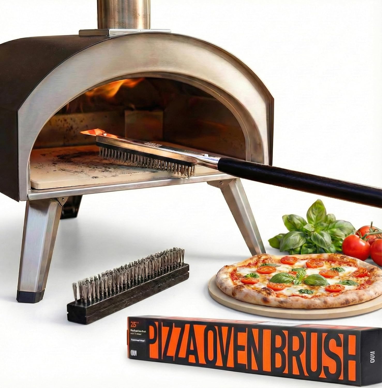 26'' Pizza Oven Brush with Stone Scraper - Includes 2 Brush Heads, Heat-Resistant Silver Stainless Steel Bristles - Long Grip Handle, Compatible with Ooni, Gozney, Blackstone, Solo Stove Ovens