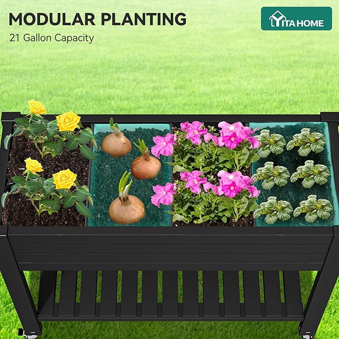 YITAHOME 3.6x1.5x2.8 FT Elevated Garden Bed Kit with Legs and Wheels, Outdoor Large Resin Planter Box Stand with Drain Plug and Storage Shelf for Plants Vegetables Fruits, Black