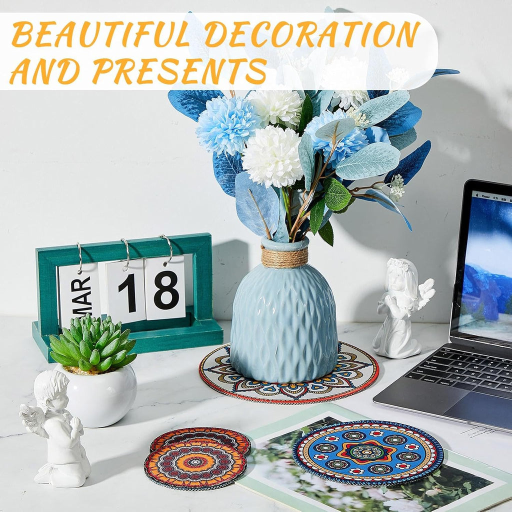 Nuanchu 6 Pcs Boho Plant Coasters 3 Size 3.94" 5.9" 7.87" Rubber Absorbent Non Slip Pot Mats Indoor Round Plant Decorative Pads Gardening Outdoor Patio Mandala Flower Protect Mat for Table Desk Floor