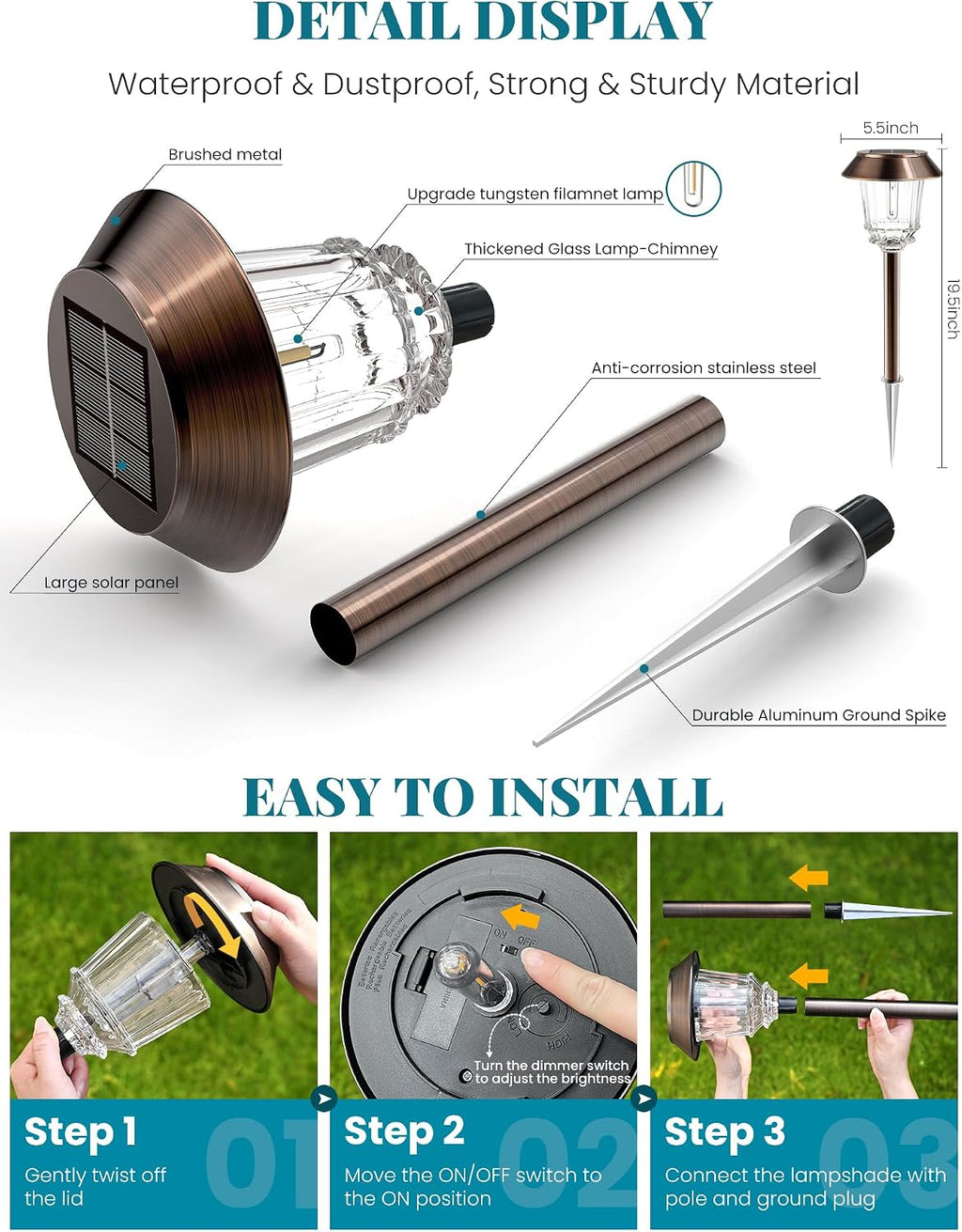 Solar Lights Outdoor Waterproof,10-40 LM Dimmable Glass and Metal | 4 Pack Bronze Pathway Lights, Solar Powered Garden Decor for Yard, Patio, Pathway, Driveway (Warm White)