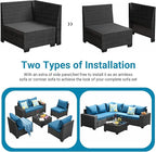 Jing's Villa 10-Piece Patio Furniture Set, All-Weather Outdoor Wicker Sectional Sofa with Cushions,Glass Table & Left and Right Armrest, Rattan Conversation Seating for Porch, Backyard,Peacock Blue