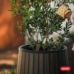 Keter Signature Conic 28.5 Inch Tall Round Large Wood Look Planter for Indoor or Outdoor Flower Pot Ideal for Patio Deck and Front Porch Decor, Rosewood