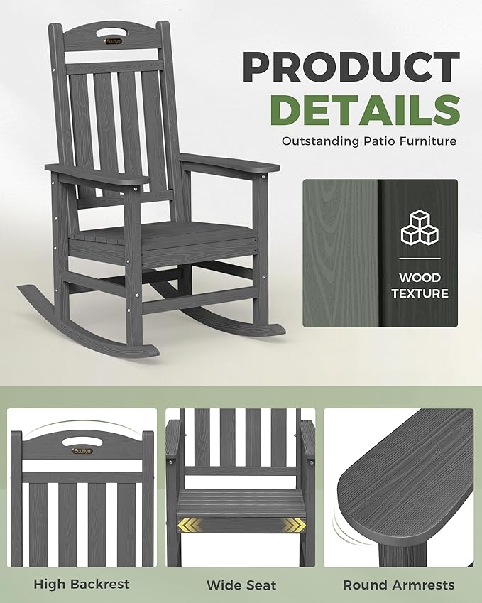 Oversized Outdoor Rocking Chair, HDPE All Weather Resistant Patio Rocking Chair, High Back Porch Rocking Chair, 380lbs Weight Capacity, Dark Grey