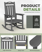 Oversized Outdoor Rocking Chair, HDPE All Weather Resistant Patio Rocking Chair, High Back Porch Rocking Chair, 380lbs Weight Capacity, Dark Grey