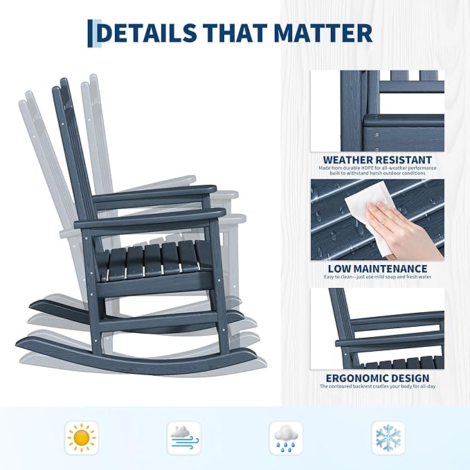 HDPE Rocking Chair Outdoor Set of 2 - Poly High Back Porch Rocker Chairs for Adults - All Weather Resistant Furniture for Patio Front Porch - Navy Blue