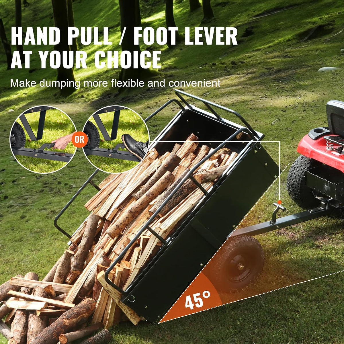 vevor heavy duty atv trailer steel dump cart showing dimensions