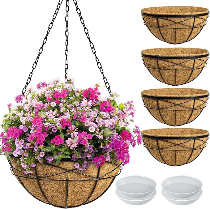 4 Pack 16 Inch Hanging Planters for Outdoor Plants Metal Wire Flower Baskets with Coco Liner & Plastic Saucer Large Deep Hanging Plant Pots for Porch Balcony Garden Décor
