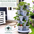 Strawberry Planters, 3 Tiered Vertical Stackable Planter, Herb Stacking Tower Garden, Flower Vegetable Planters with Support Pole, Indoor & Outdoor with Removable Wheels - White