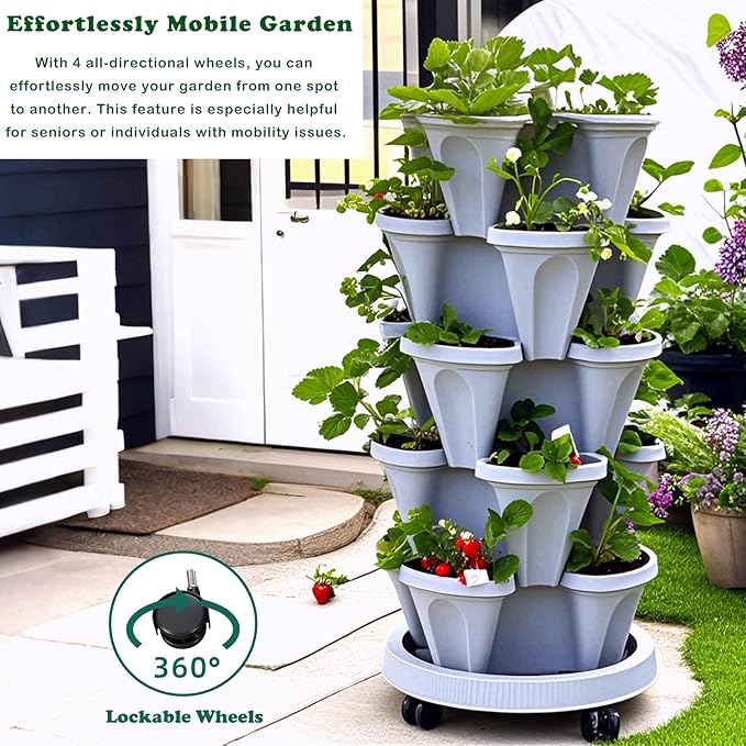 Strawberry Planters, 3 Tiered Vertical Stackable Planter, Herb Stacking Tower Garden, Flower Vegetable Planters with Support Pole, Indoor & Outdoor with Removable Wheels - White