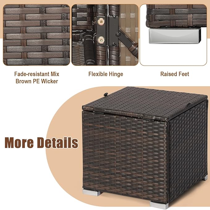 RELAX4LIFE Wicker Outdoor Storage Ottoman, 2-Piece Rattan Footstool w/Removable Cushion, Multipurpose Footrest Stool Side Table Additional Seating, Set of 2 Outdoor Ottomans for Patio Deck (Off White)