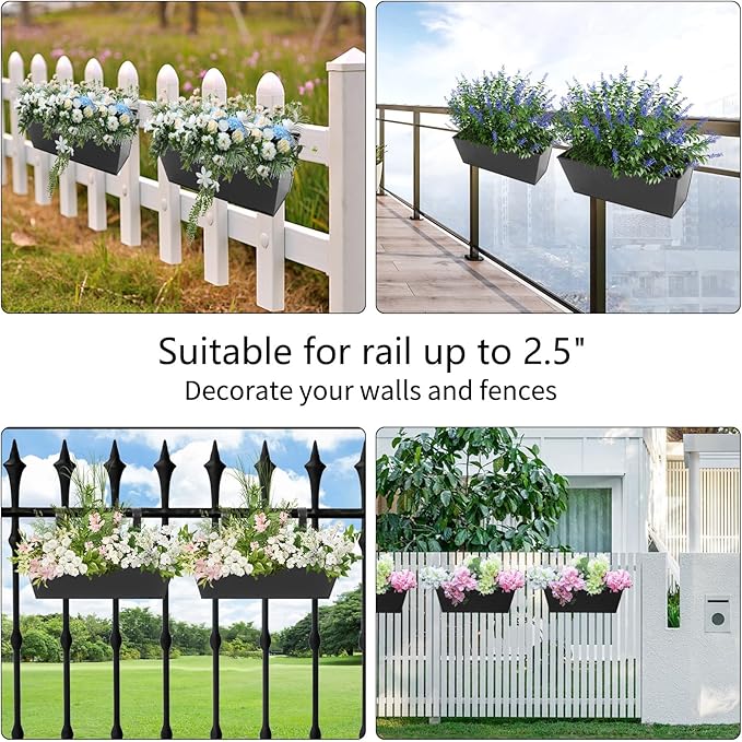 Railing Planters Outdoor Balcony 16 Inch Deck Over The Railing Planter Boxes Hanging Planters for Fence Flower 5 Pcs (Black)
