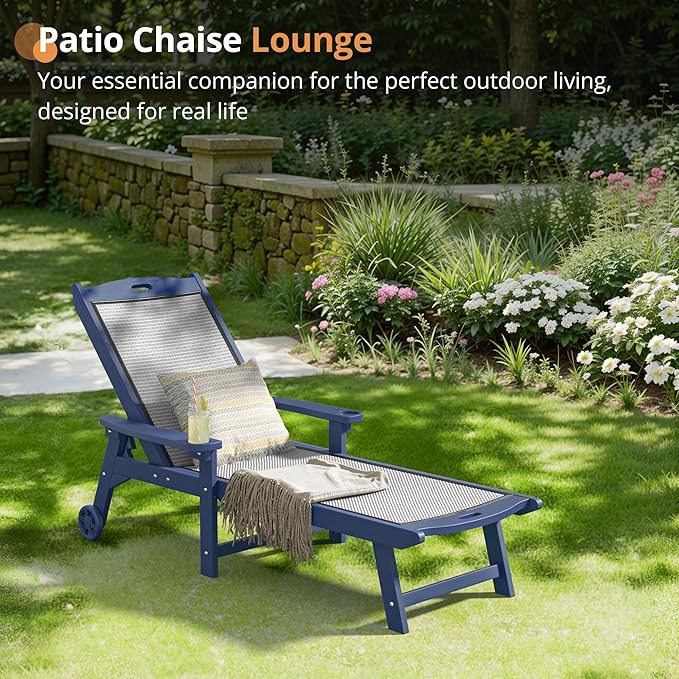 LUE BONA Chaise Lounge Chair Outdoor Set of 2, HDPS and HDPE Wicker Material, Patio Lounge Chair with Adjustable Backrest, Resin Pool Lounge Chairs with Wheels for Backyard, Poolside and Deck