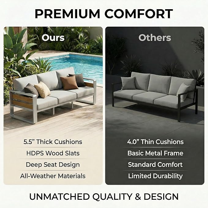 ZANDOR Aluminum Outdoor Patio Conversation Furniture Set, 4 PCS Metal Modern Outside Sectional Lawn Furniture with Coffee Table & Washable Thick Cushions,Seating Sofa for Garden/Backyard/Porch Silver
