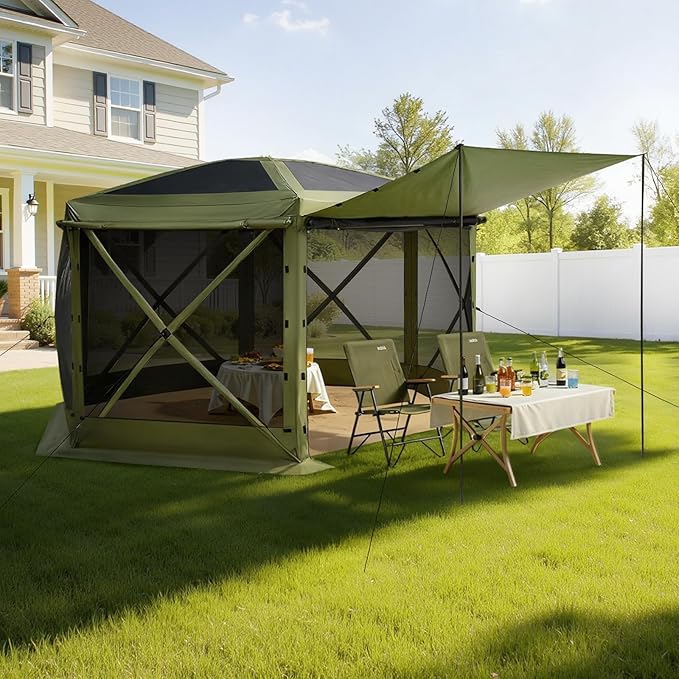 VEVOR Pop up Gazebo Screen Tent, 12 x 12 ft Large 6-Sided Camping Canopy Tent with Removable Top & Carry Bag, Quick-Set & Bite-Proof, Screen House Sun Shelter for 8-10 Persons Backyard Patio, Green
