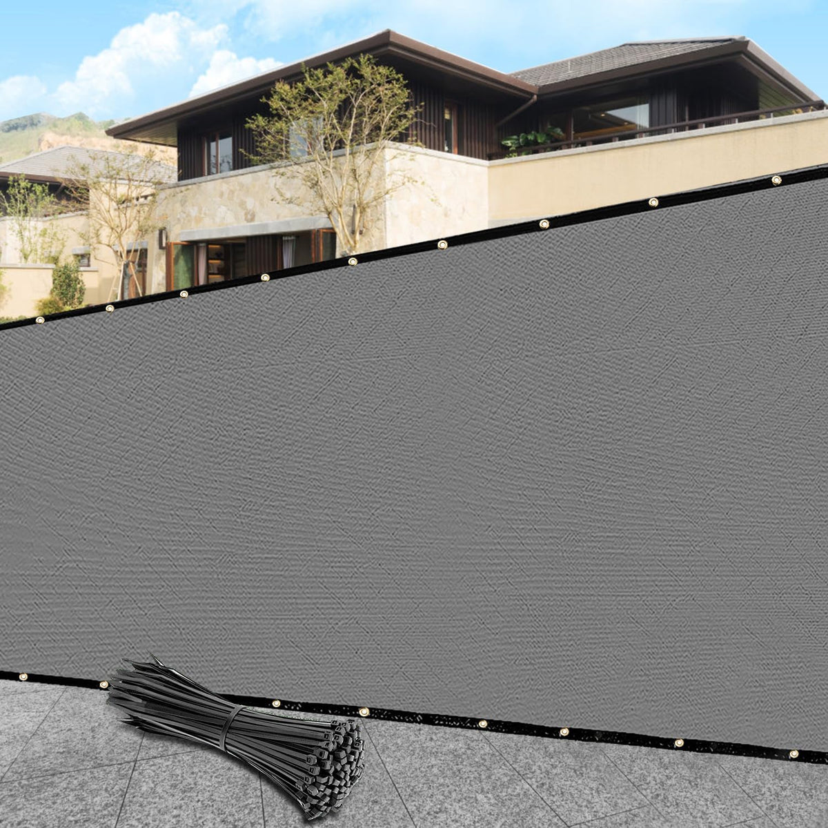 4' x 12' custom size gray privacy screen shown in use