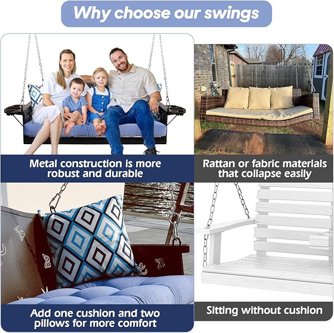 3-Seat Metal Porch Swing 900 LBS Heavy Duty Hanging Bench with Upgraded Tray & Cushions Rust-Resistant Finish Swing Chair with 8.9FT Chains for Patio Lawn Garden