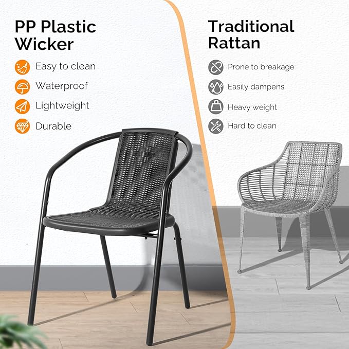 VINGLI PE Rattan Outdoor Dining Chairs Set of 2, Plastic Stackable Patio Chairs for Indoor, Porch, Restaurant, Garden, Black
