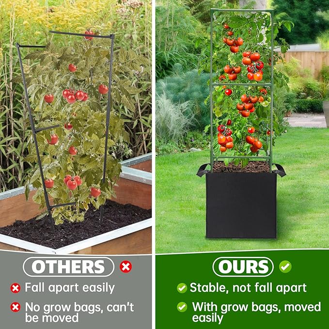ANPHSIN 2 Sets Tomato Cages with 10 Gallon Grow Bags - 47'' Stable Plant Support Trellis Kit, Square Cages with Planter Pots for Garden Flowers Vegetables Cucumber Vertical Climbing Plants Vines
